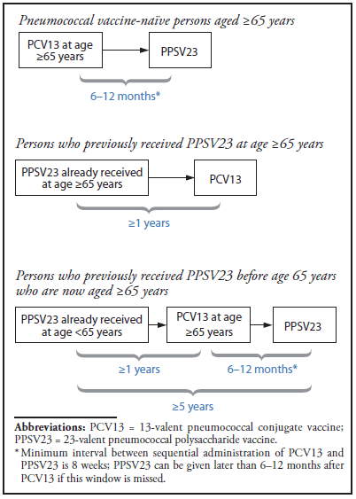 The figure is a box illustrating sequential administration and recommended intervals for 13-valent pneumococcal conjugate vaccine (PCV13) and 23-valent pneumococcal polysaccharide vaccine (PPSV23) for adults aged ≥65 years in the United States.