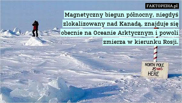 Magnetyczny biegun północny, niegdyś – Magnetyczny biegun północny, niegdyś
zlokalizowany nad Kanadą, znajduje się
obecnie na Oceanie Arktycznym i powoli
zmierza w kierunku Rosji. 