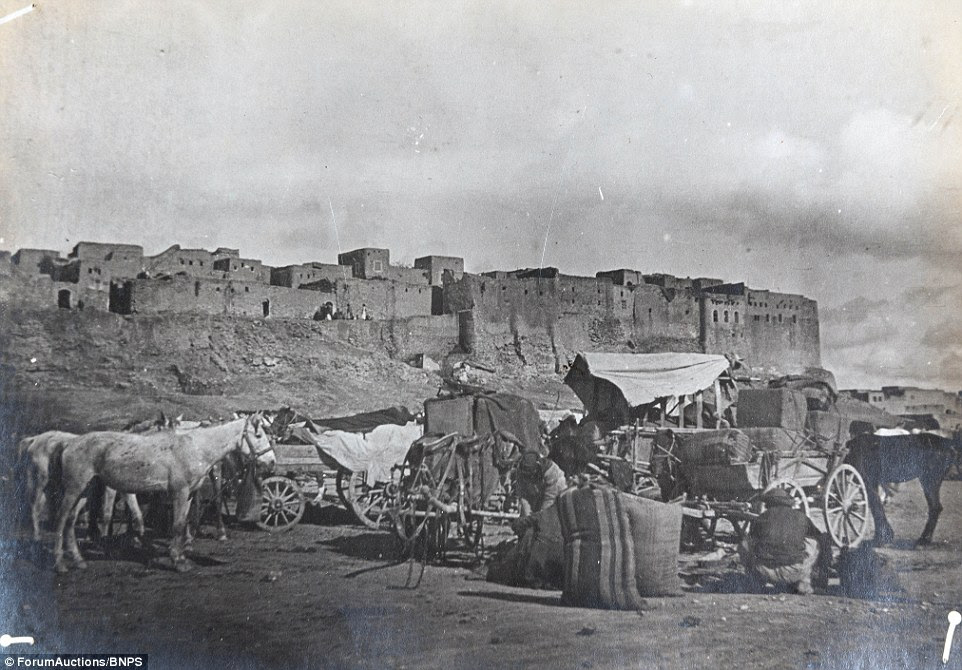 Rarely seen images taken by British soldier during the Arab revolt in WW1 are due to be auctioned off later on this month. In the photograph above, a convoy of horse and carriages are seen preparing to start a 1,000 mile trek to Damascus