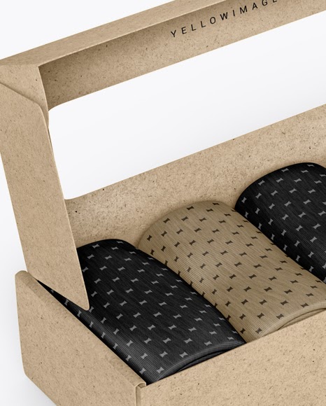 Download Nylon Packaging Mockup Opened Kraft Paper Box With Socks Mockup Half Side View In Box PSD Mockup Templates