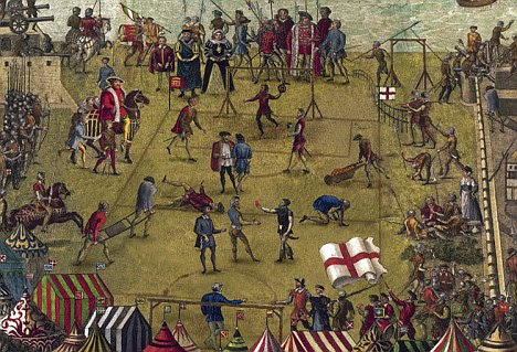 Violent clash: Football matches were more like American Football matches - but without the padding. Games in Tudor times would involve dozens of players and last for hours