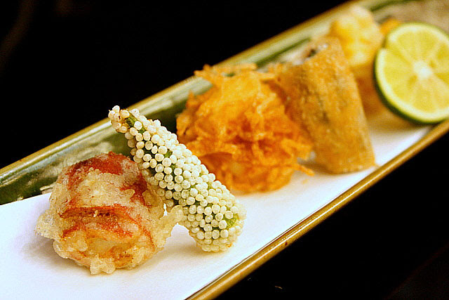 Agemono - Manganji pepper, small lady's finger, prawn with potato, ayu (sweet fish), sweetcorn