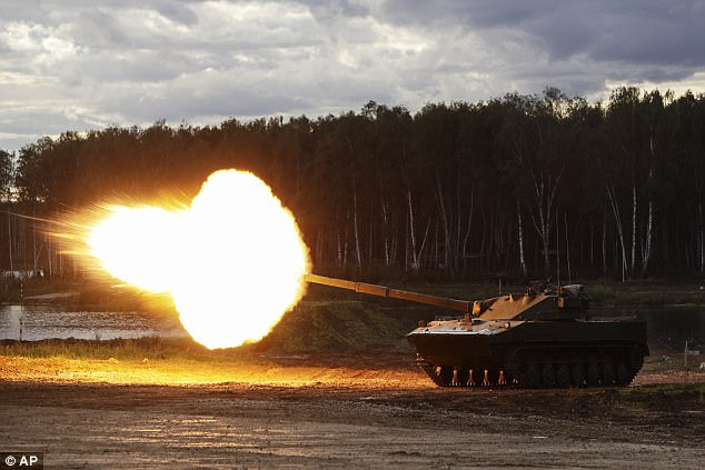 A self-propelled gun destroyer 2S25 Sprut-SD fires during the International military forum Army 2016 in Alabino, outside Moscow, Russia