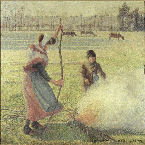 Jeune paysanne faisant du feu. Gelée blanche, Camille Pissarro, 1888