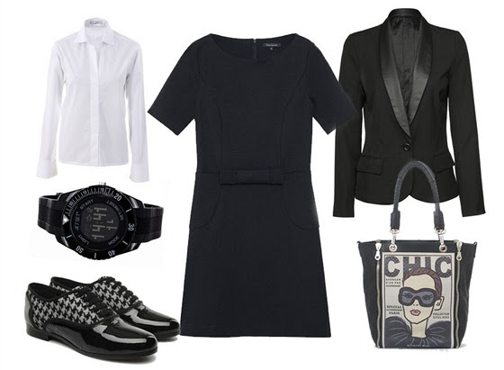 Černé šaty, Tara Jarmon; bílá košile, Jean-Paul Knott; lesklé polobotky se