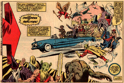 Sideways splash page from "Man-Thing" #1 by Val Mayerik