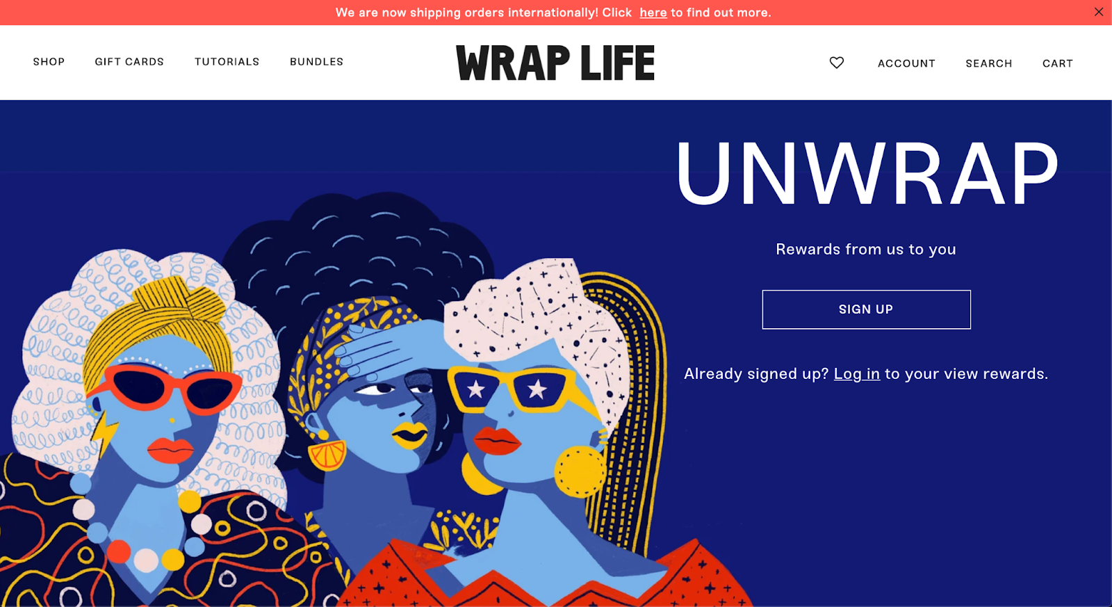 A screenshot of the Unwrap Rewards program explainer page on The Wrap Life’s website. The banner shows 3 animated cartoon characters wearing hair accessories. 