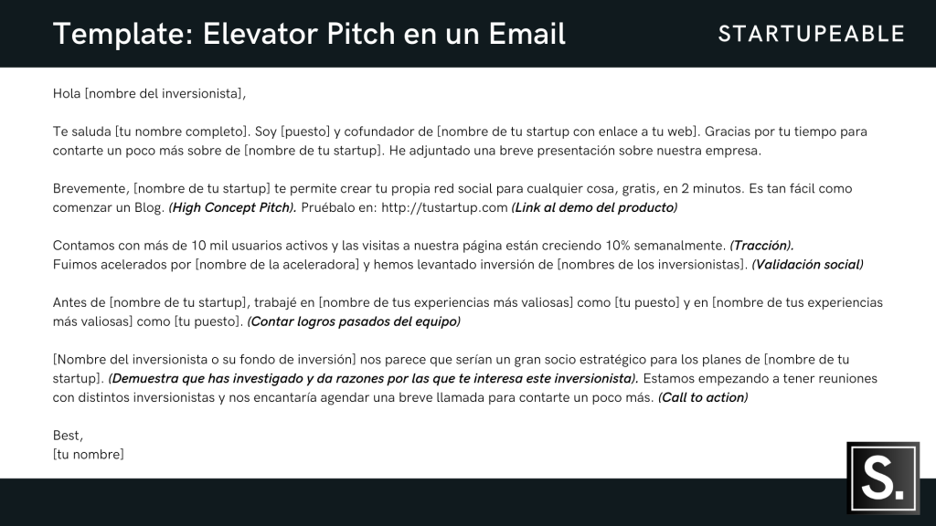 elevator pitch startups ejemplo de mail