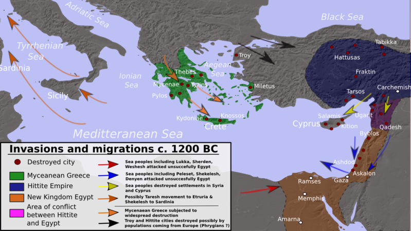 Map depicting the possible invasion routes of different "barbarian" groups during the collapse of the Bronze Age.