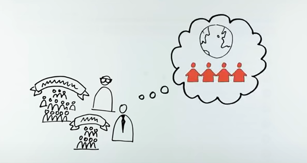 illustration of people working together and a speech bubble showing them dreaming of worldwide impact. 