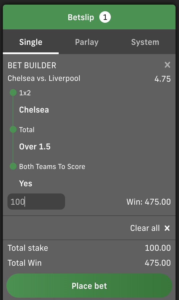 Bet99's Bet Builder option for Chelsea vs Liverpool