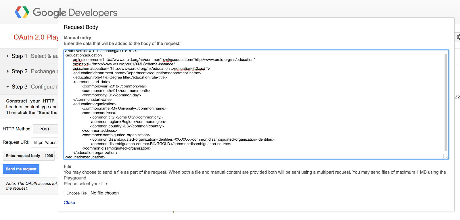 Configuración del cuerpo de solicitud de Google OAuth Playground para una nueva afiliación educativa