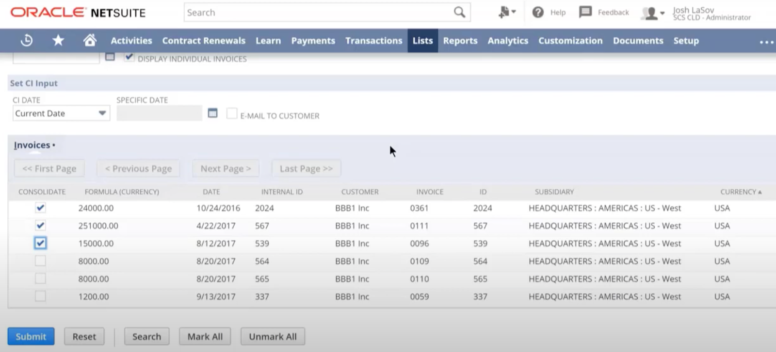 How to consolidate some invoices in NetSuite, but checking off multiple invoice boxes.