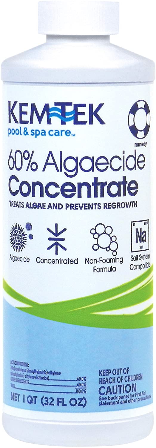 a white bottle of Kem-Tek algaecide for swimming pools