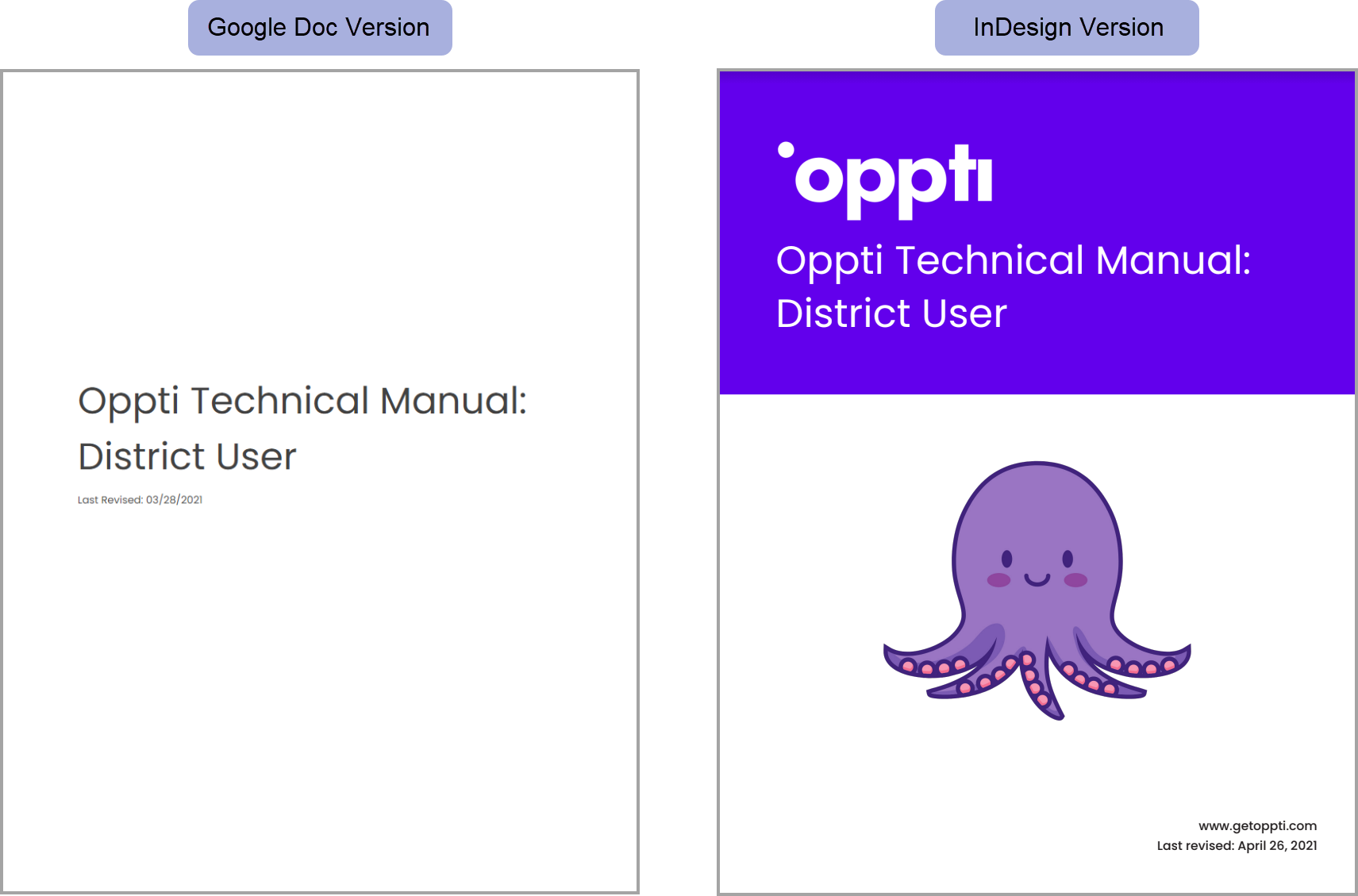 On the left: Google Doc version of the Oppti Technical Manual: District User. On the right: Adobe InDesign version of Oppti Technical Manual: District User, displaying white text on a dark purplish banner for the publication title and a large purple, smiling octopus cartoon on cover.