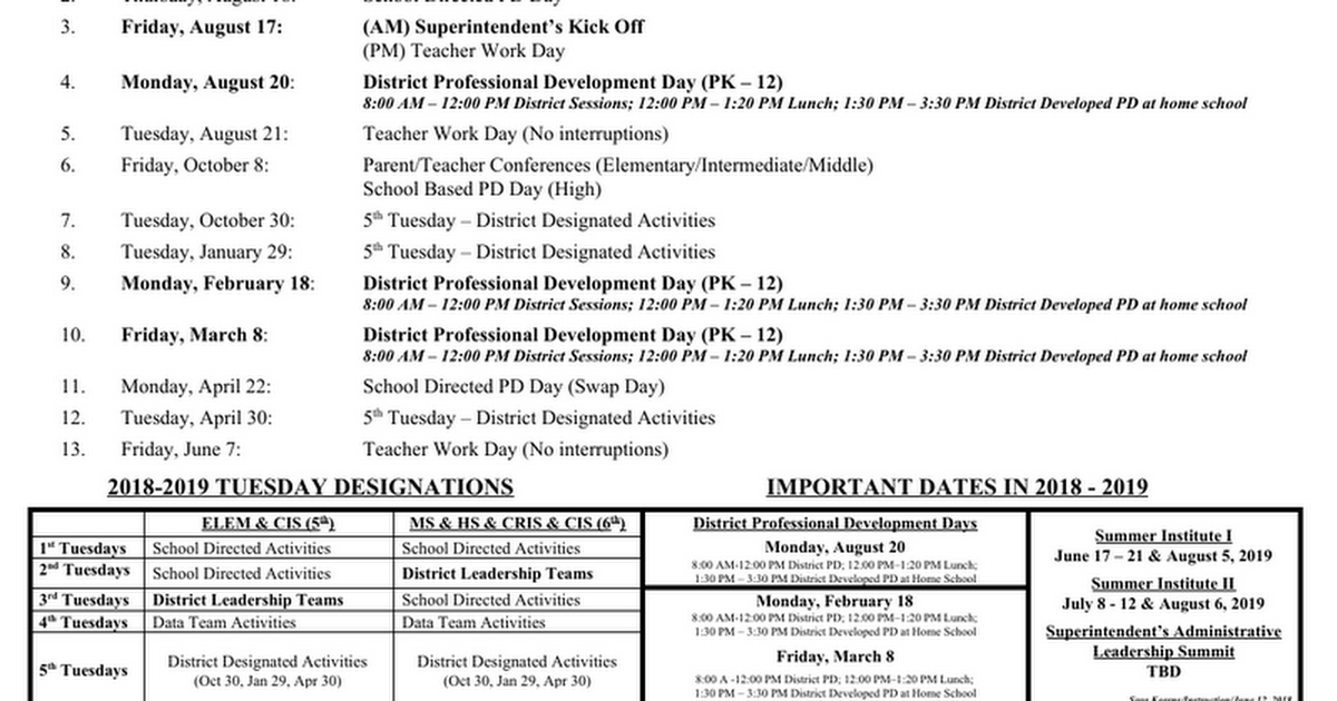 2018-2019 District Professional Development Schedule