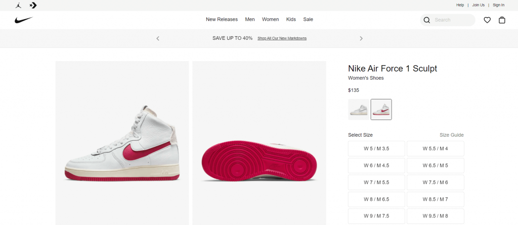 Ejemplo de foto de producto en diferentes ángulos de Nike