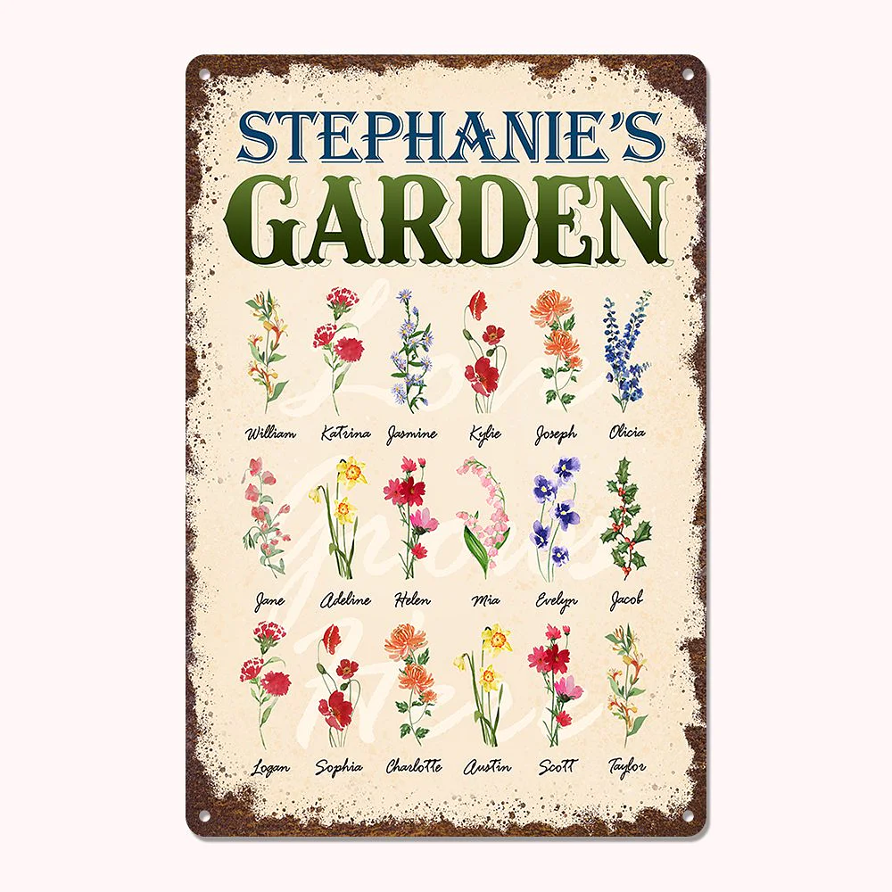 enseigne de jardin avec nom de 18 fleurs.