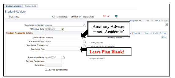 Student Advisor page in SIS pointing our Advisor Role and Academic Plan