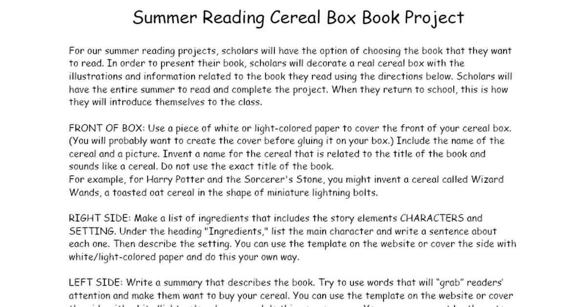 Summer Cereal Box Book Project