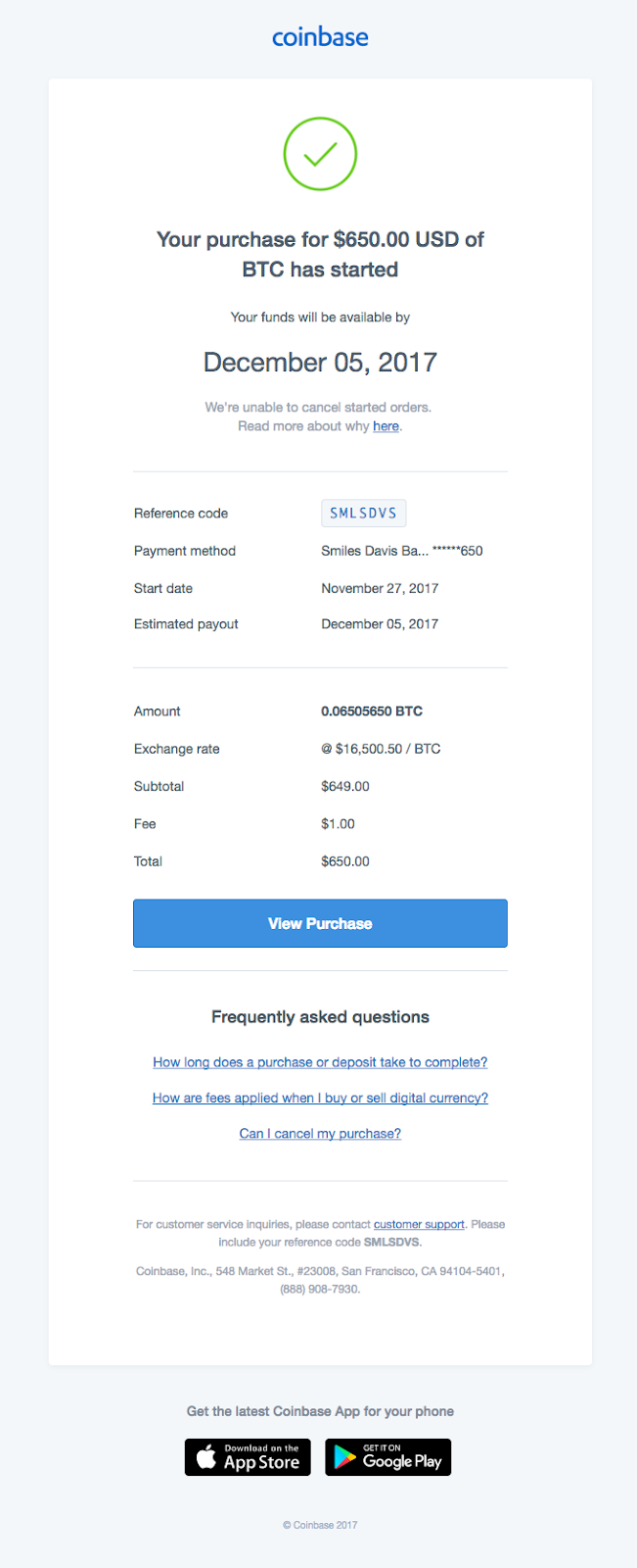 Coinbase personalized banking email template