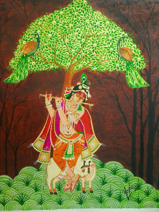 Krishna Tales Krishna With Flute Painting For Wall, Acrylic On Canvas Portrait Painting