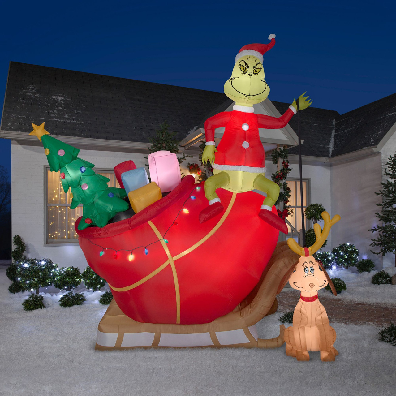 Grinch, sleigh and Max outdoor inflatable Christmas decoration