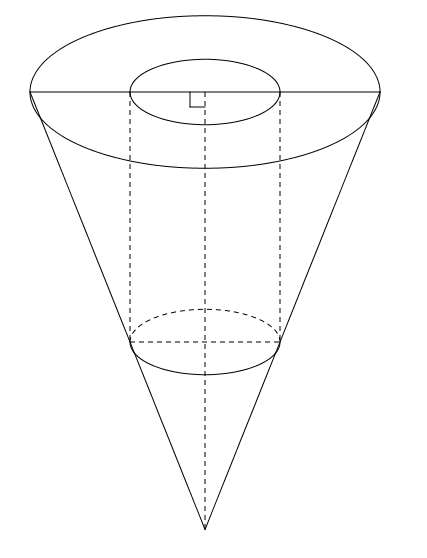 Một bình đựng nước dạng hình nón (không có đáy), đựng đầy nước. Biết rằng chiều cao của bình gấp 3 lần bán kính đáy của nó. Người ta thả vào đó một khối trụ và đo được thể tích nước tràn ra ngoài là (frac{{16pi }}{9}left( {d{m^3}} right)). Biết rằng một mặt của khối trụ nằm trên mặt đáy của nón (như hình dưới) đồng thời khối trụ có chiều cao bằng đường kính đáy của hình nón. Tính diện tích xung quanh ({S_{xq}}) của bình nước (giả sử khối trụ thả vào đặc và chìm hết trong nước).</p> 1