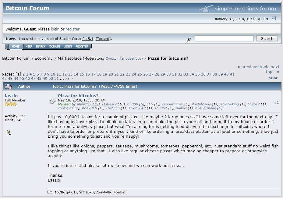 Order of pizza on Bitcoin Forum