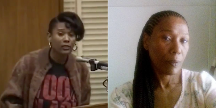 Left: Rita Isbell delivering a victim impact statement at Jeffrey Dahmer's sentencing in 1992. Right: Rita Isbell in a more recent photo.