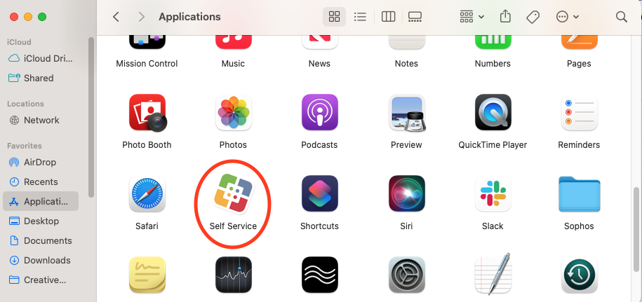 Mac applications folder with Self Service icon circled