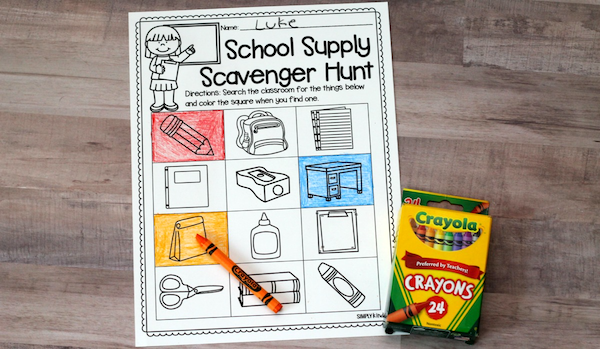 Scavenger hunt worksheet with crayons 