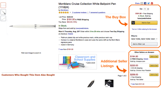 A dimostrazione di quanto sia difficile vendere su Amazon, viene mostrata una scheda prodotto di una penna. Al momento dell'acquisto, Amazon consiglia altri venditori che sono tuoi competitor su quel prodotto.