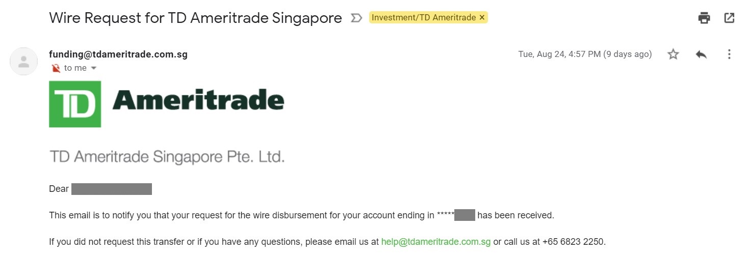 A notification email from TD Ameritrade showing that I have initiate a wire transfer request