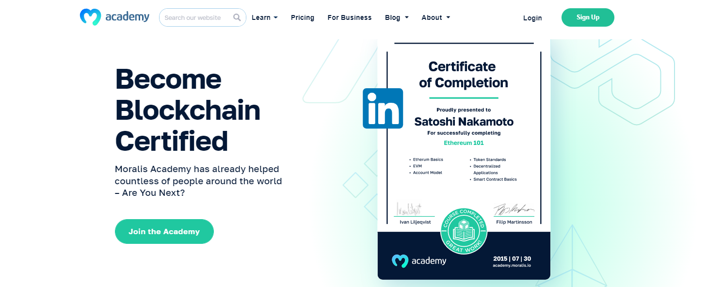 a certification example from moralis academy