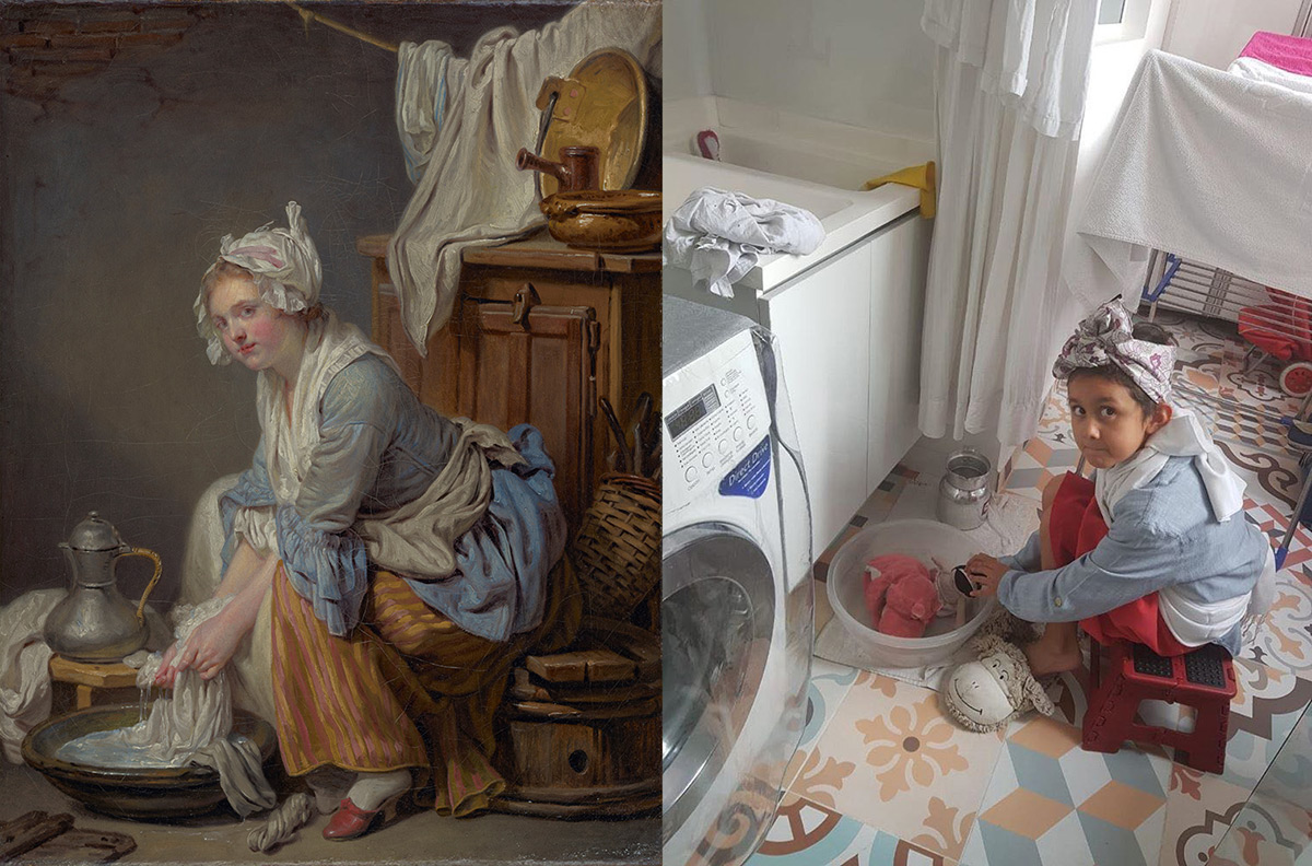 Left: Greuze's Laundress shows a woman in blue with white apron sitting on a stool. Right: photo of a child in blue on a stool next to a washer and dryer.
