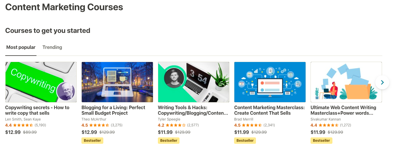 Screenshot of Content Marketing Courses
