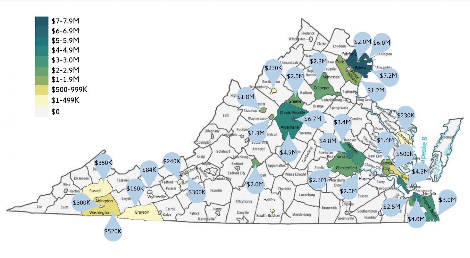 A map of Virginia shows all of the state's counties and cities. Most are white, but a few are colored different shades of yellow and green. Beside each colored county are dollar amounts.