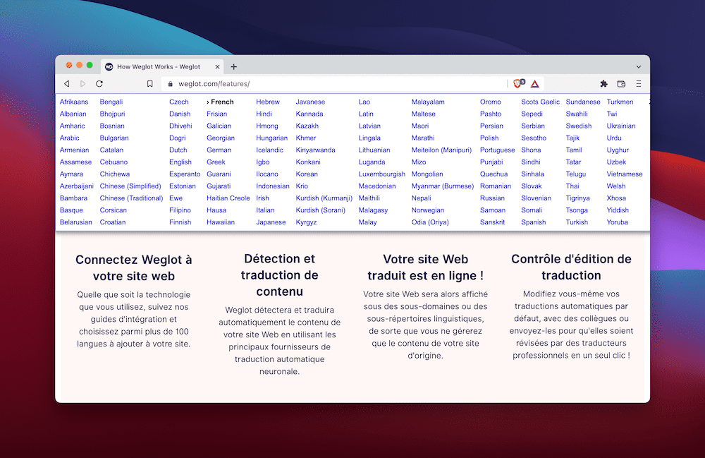 A browser bar translation tool within the Brave browser.