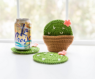 set of cactus coasters with crochet pot