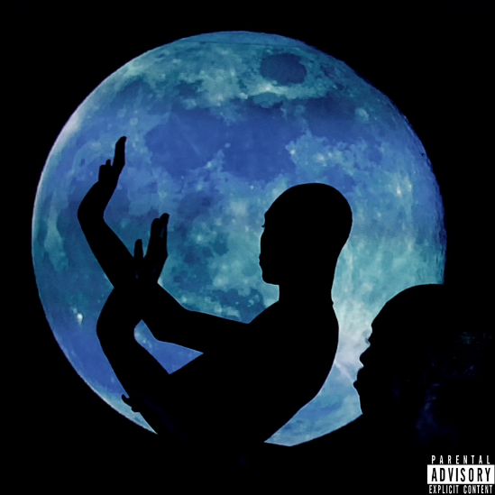 Album cover with twe people in front of the moon