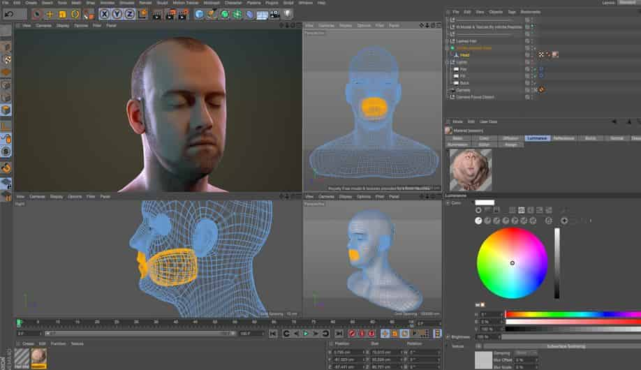 Multiple views of a man with closed eyes being designed on 3D modeling software