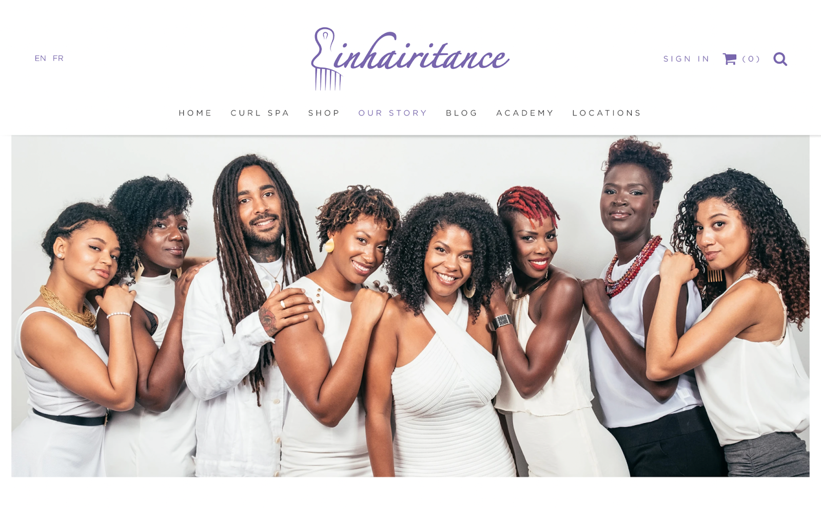 Support Black-owned businesses–A screenshot of Inhairitance’s Our Story page showing 8 individuals wearing white huddled together.  