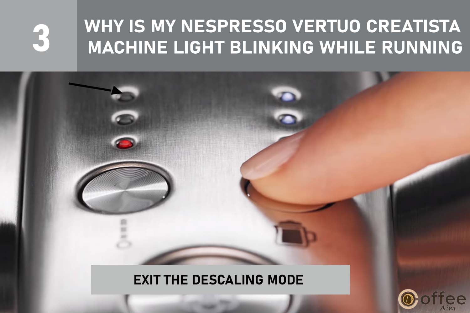 To exit descaling mode on the Nespresso Vertuo Creatista, follow the steps shown in the image for troubleshooting.