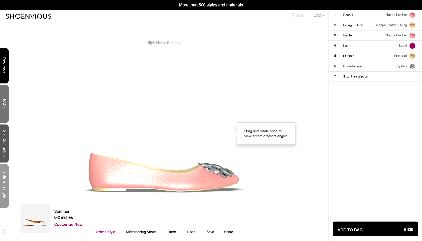 screenshot showing shoenvious' 3D shoe designer features for personalized products with a salmon pink flat embellished with silver stones