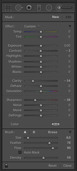 menu de opções do pincel no Lightroom