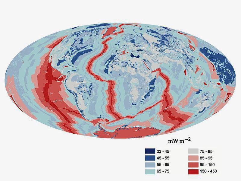 <b>Flux géothermiques en surfacique<br></b><i>Earth heat flow.jpg, par JH Davies et DR Davies  via Wikimédia Commons, CC-BY-3.0, https://commons.wikimedia.org/wiki/File:Earth_heat_flow.jpg</i><b><i><br></i><br></b>