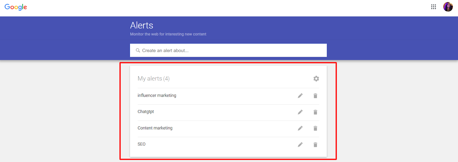 Tableau de bord Google Alerts pour le marketing d'influence, ChatGPT, le marketing de contenu et les alertes SEO.