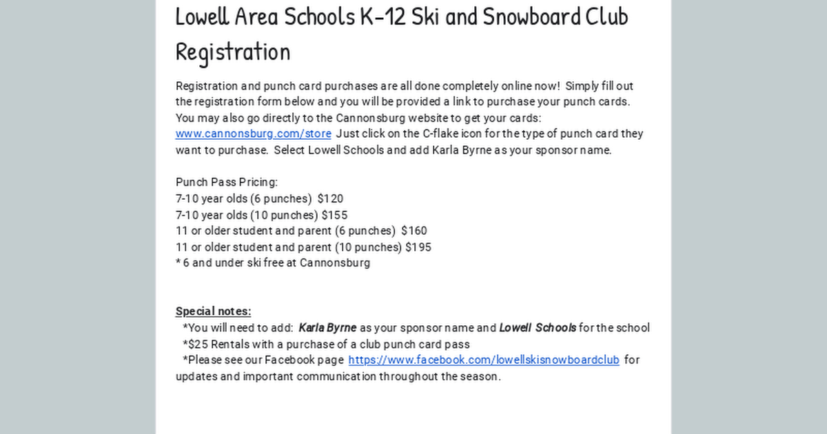 Lowell Area Schools K-12 Ski and Snowboard Club Registration