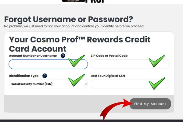 recovery of forgotten password or username of cosmoprof credit card